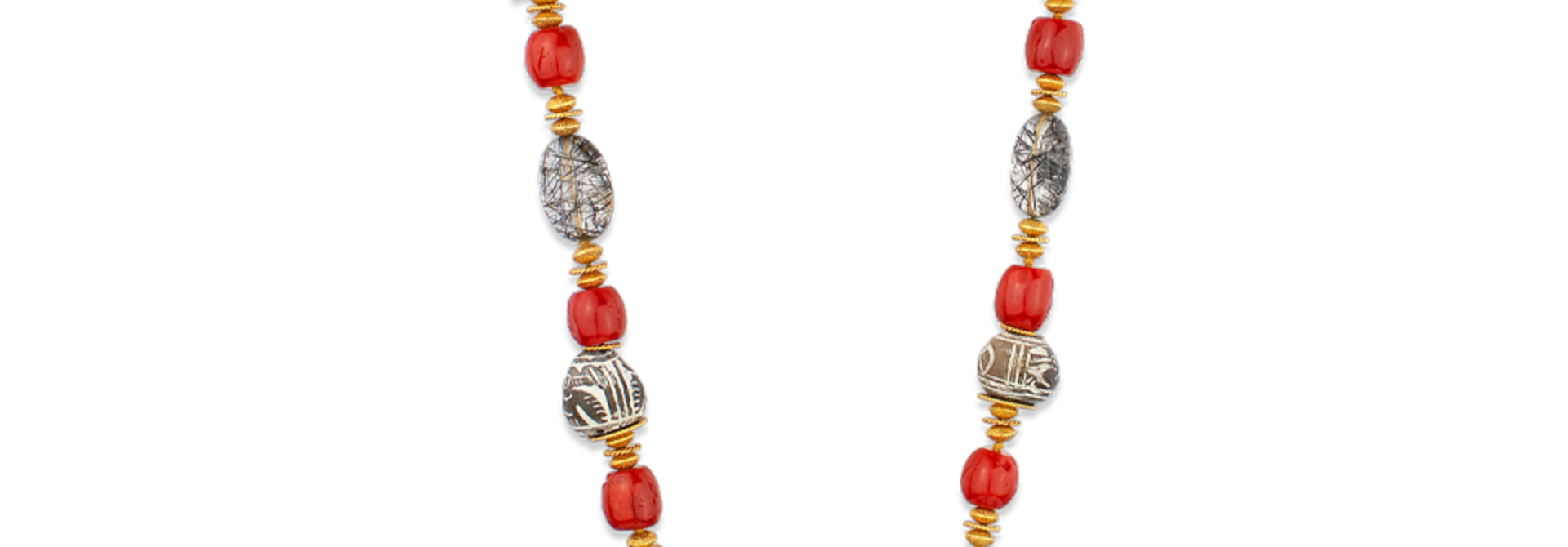 Rutilated Quartz, Coral, Tourmalated Quartz, Spindle Whorl and Gold Necklace