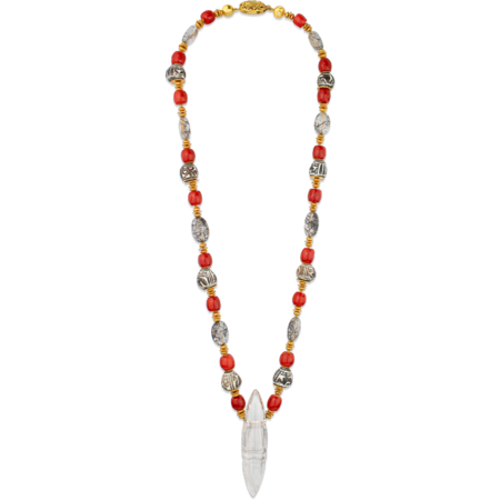 Rutilated Quartz, Coral, Tourmalated Quartz, Spindle Whorl and Gold Necklace