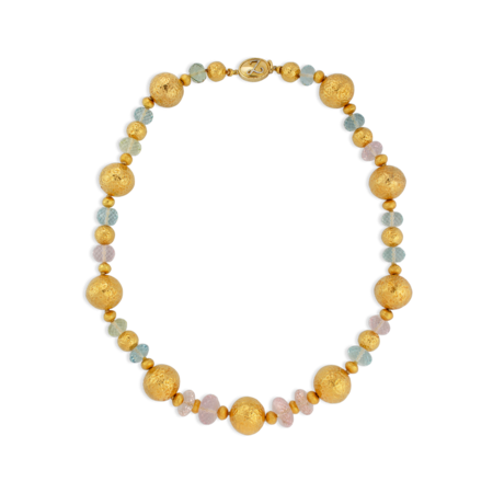 Large Gold Ball Aquamarine Beryl & Morganite Necklace - 22"