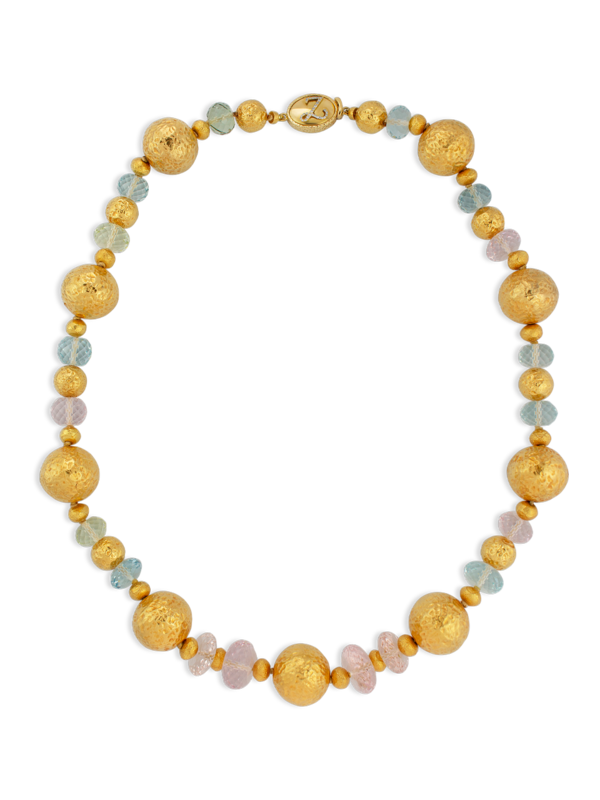 Large Gold Ball Aquamarine Beryl & Morganite Necklace - 22"