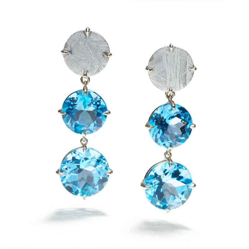 Meteorite & Blue Topaz Triple Drop Earrings