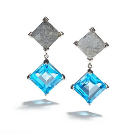 Meteorite and Blue Topaz Square Earrings