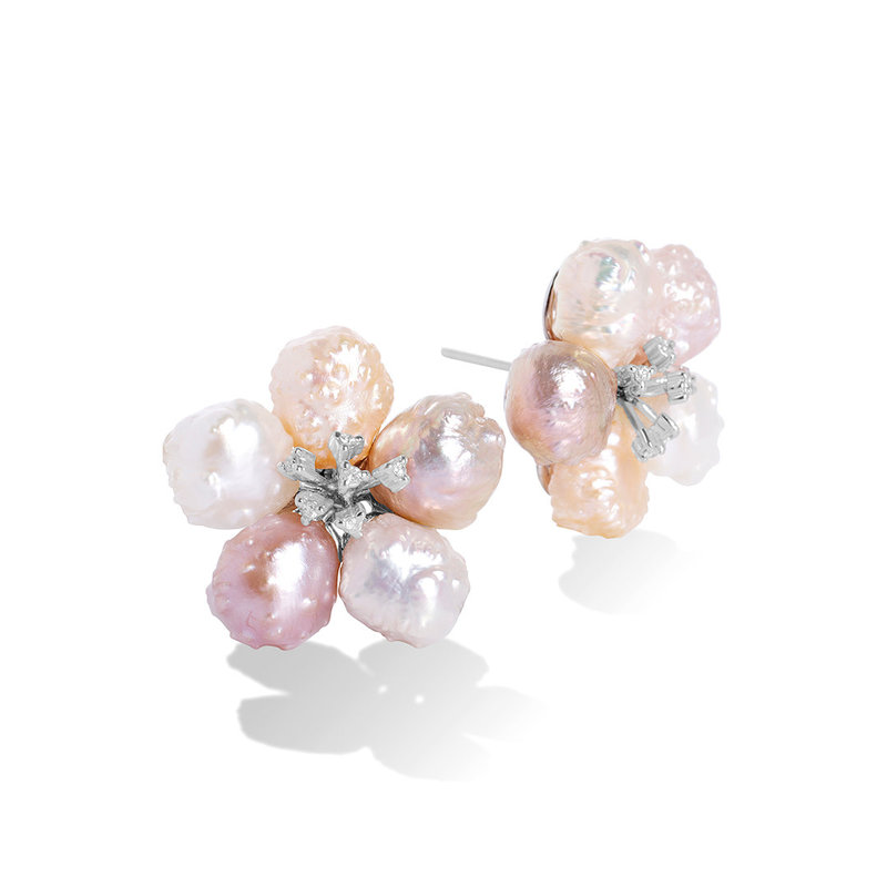 Rosebud Pearl, 18k Gold & Diamond Earrings