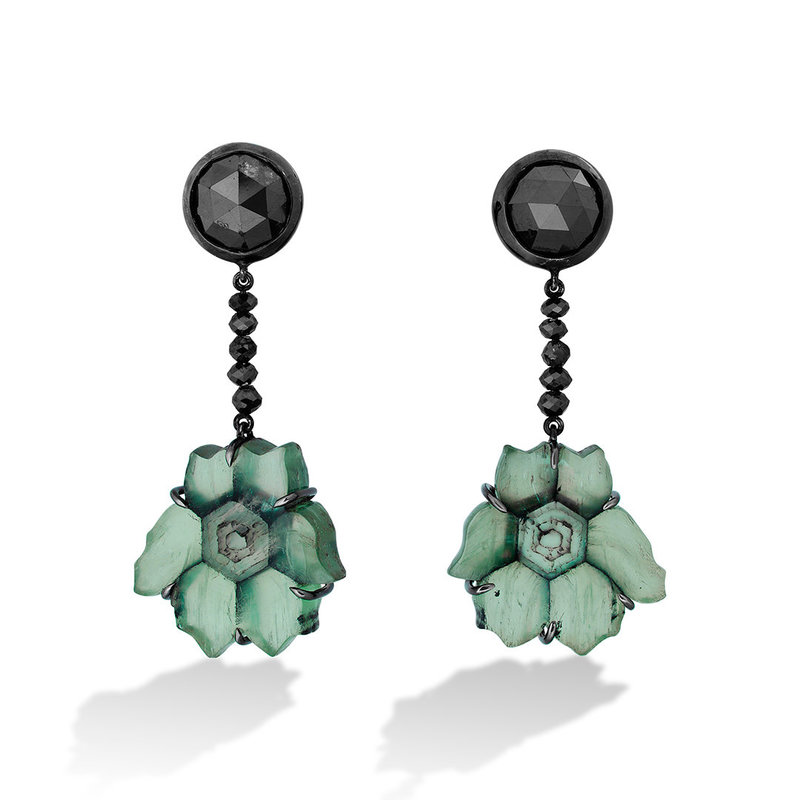 Trapiche Emerald & Black Diamond Earrings