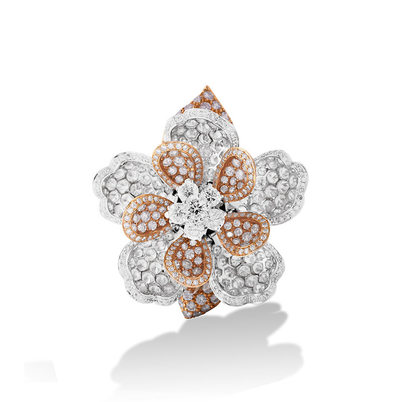 Pink & White Diamond Magnolia Flower Ring - Moveable Petals