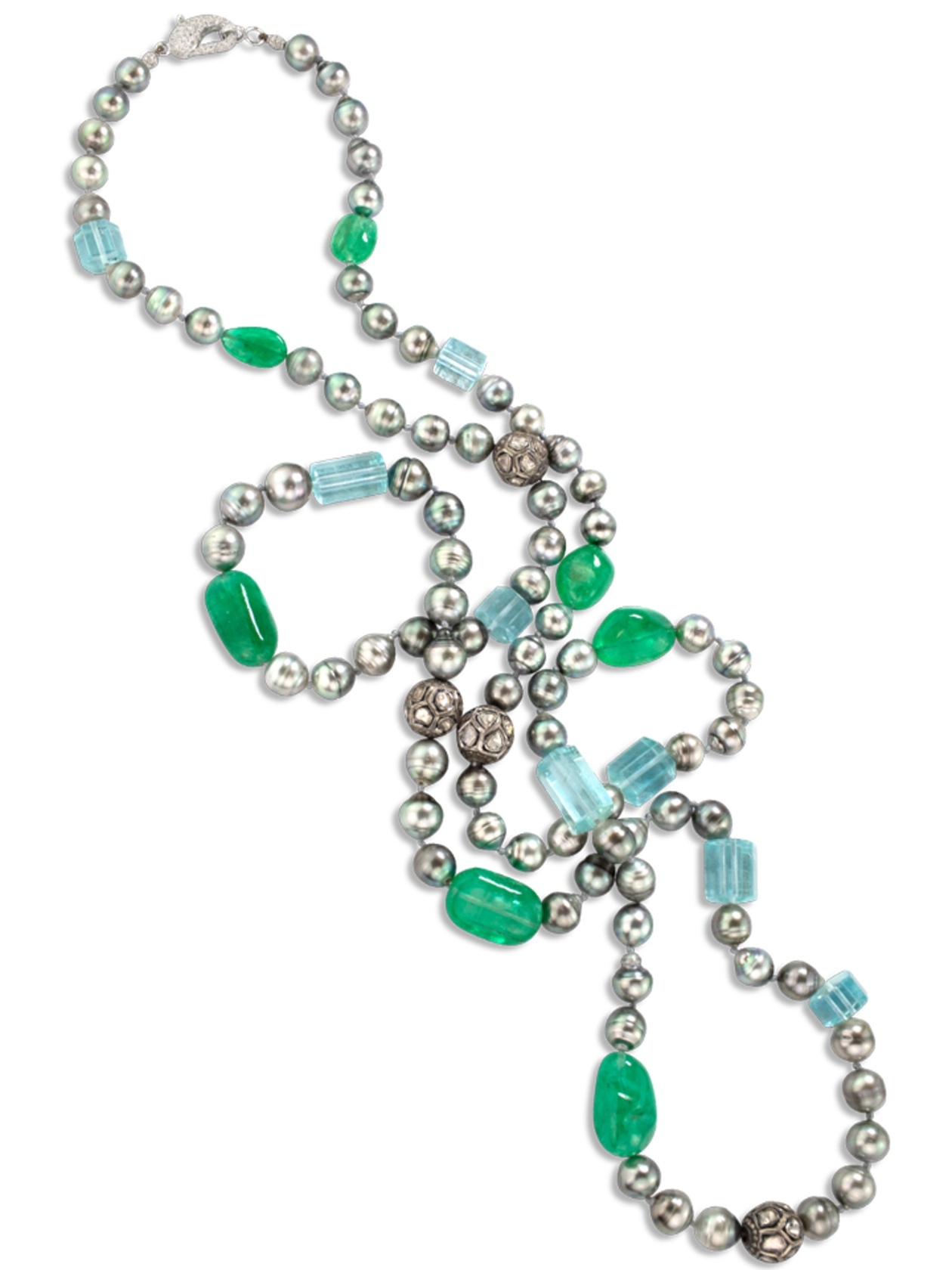 Tahitian silver pearls and emerald, aquamarine, and diamond bead necklace