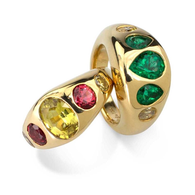 Yellow Sapphire, Red Spinel & Diamond Gypsy Ring