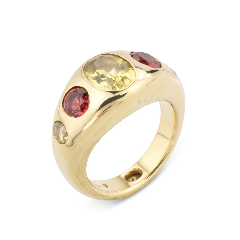 Yellow Sapphire, Red Spinel & Diamond Gypsy Ring