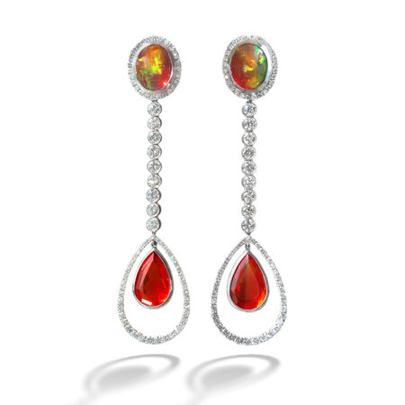 Dark Mexican Fire Opal, Fire Opal & Diamond Earrings