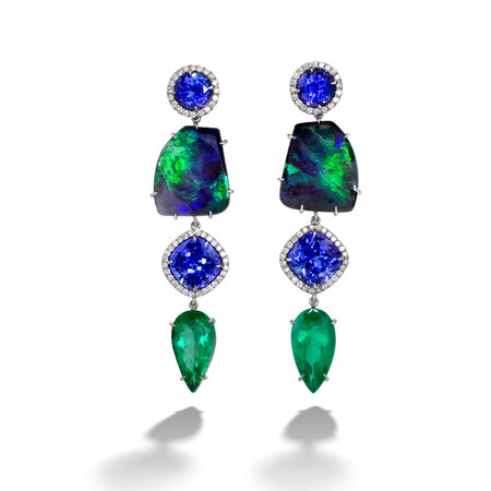 Tanzanite, Boulder Opal & Emerald Earrings