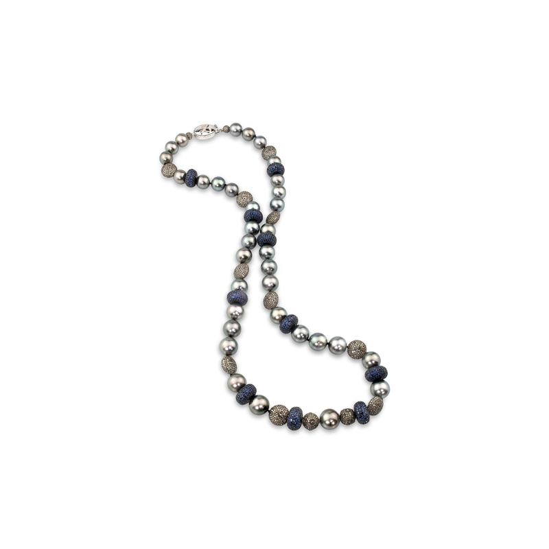 Tahitian Pearl, Blue Sapphire and Diamond Necklace 26"