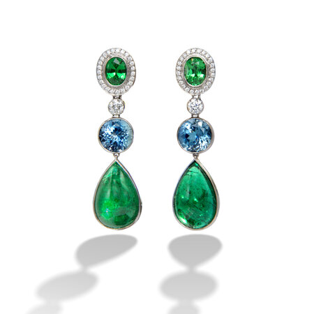 Emerald, Aquamarine, Tsavorite Garnet & Diamond Earrings