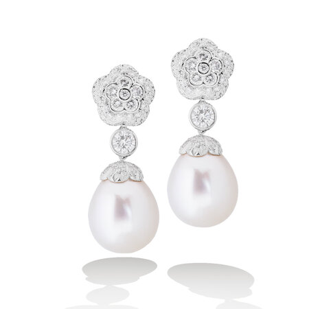 South Sea Pearl & Diamond Flower Earrings