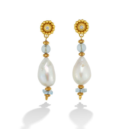 White Baroque Pearl, Gold & Aquamarine Earrings