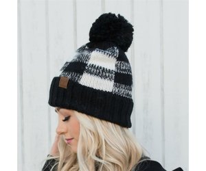 CC Plaid Pom Beanie in Black/Ivory 