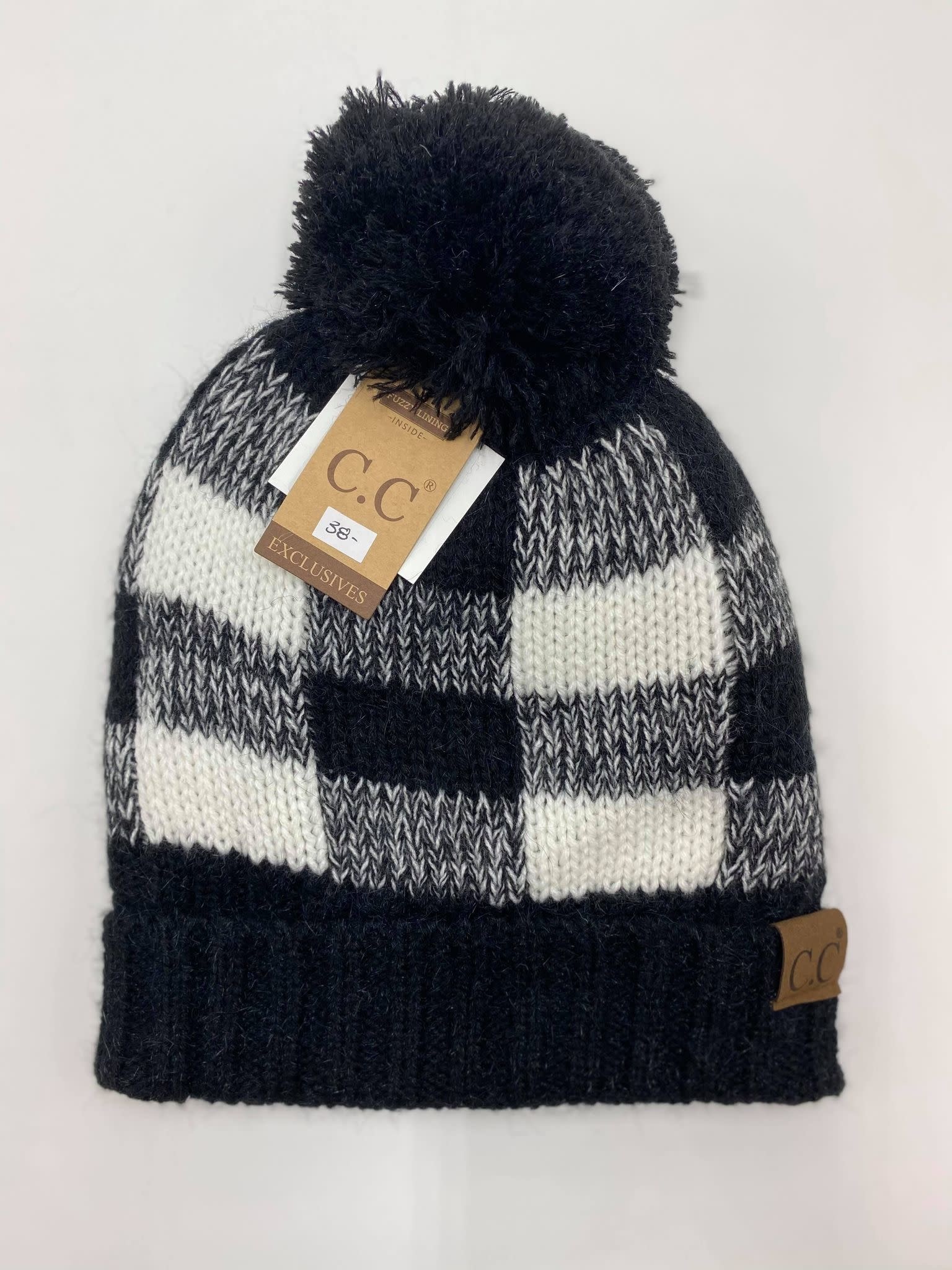 CC Plaid Pom Beanie in Black/Ivory 