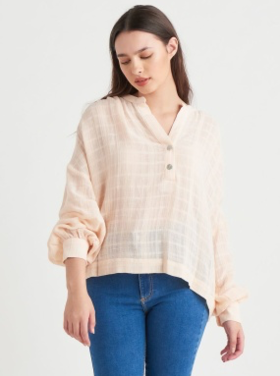 Black Tape Black Tape - Textured Henley Blouse in Cream Pink