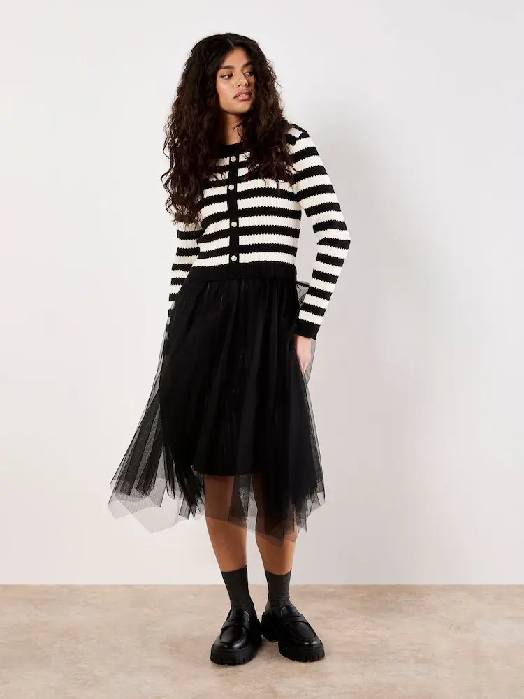 Apricot Apricot - Stripe Cardi Tulle Skirt Dress
