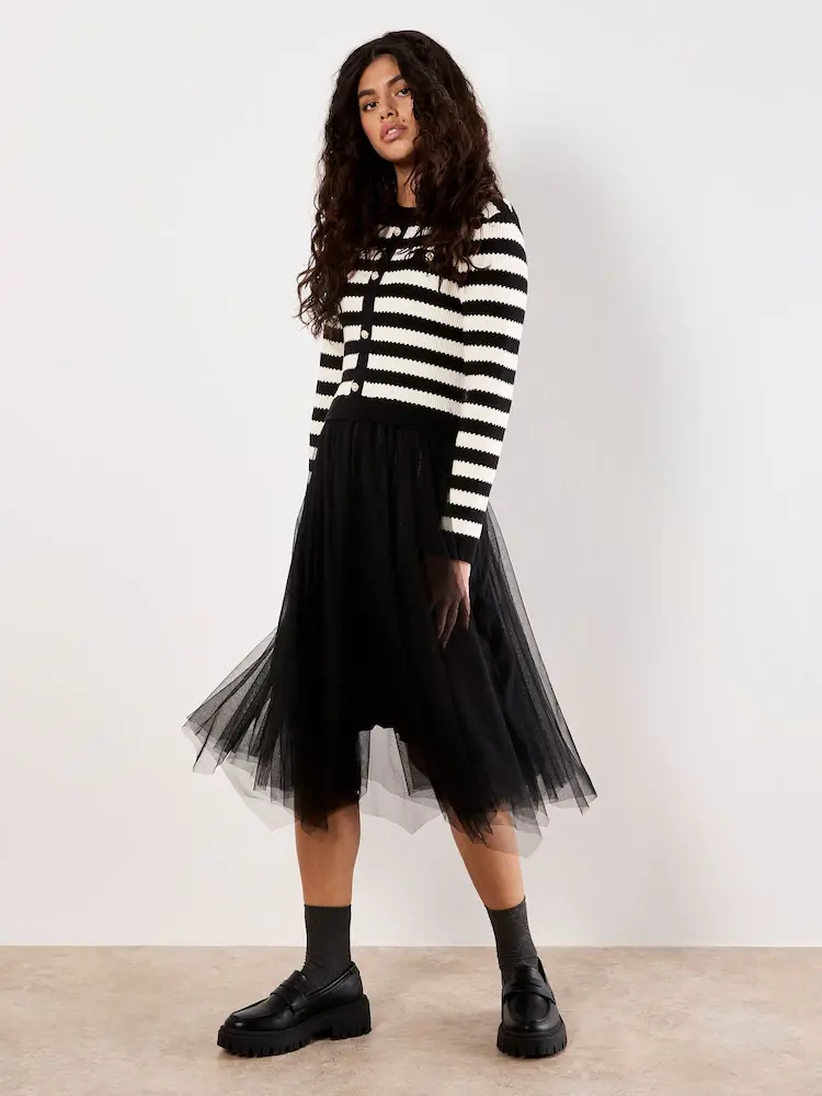 Apricot Apricot - Stripe Cardi Tulle Skirt Dress