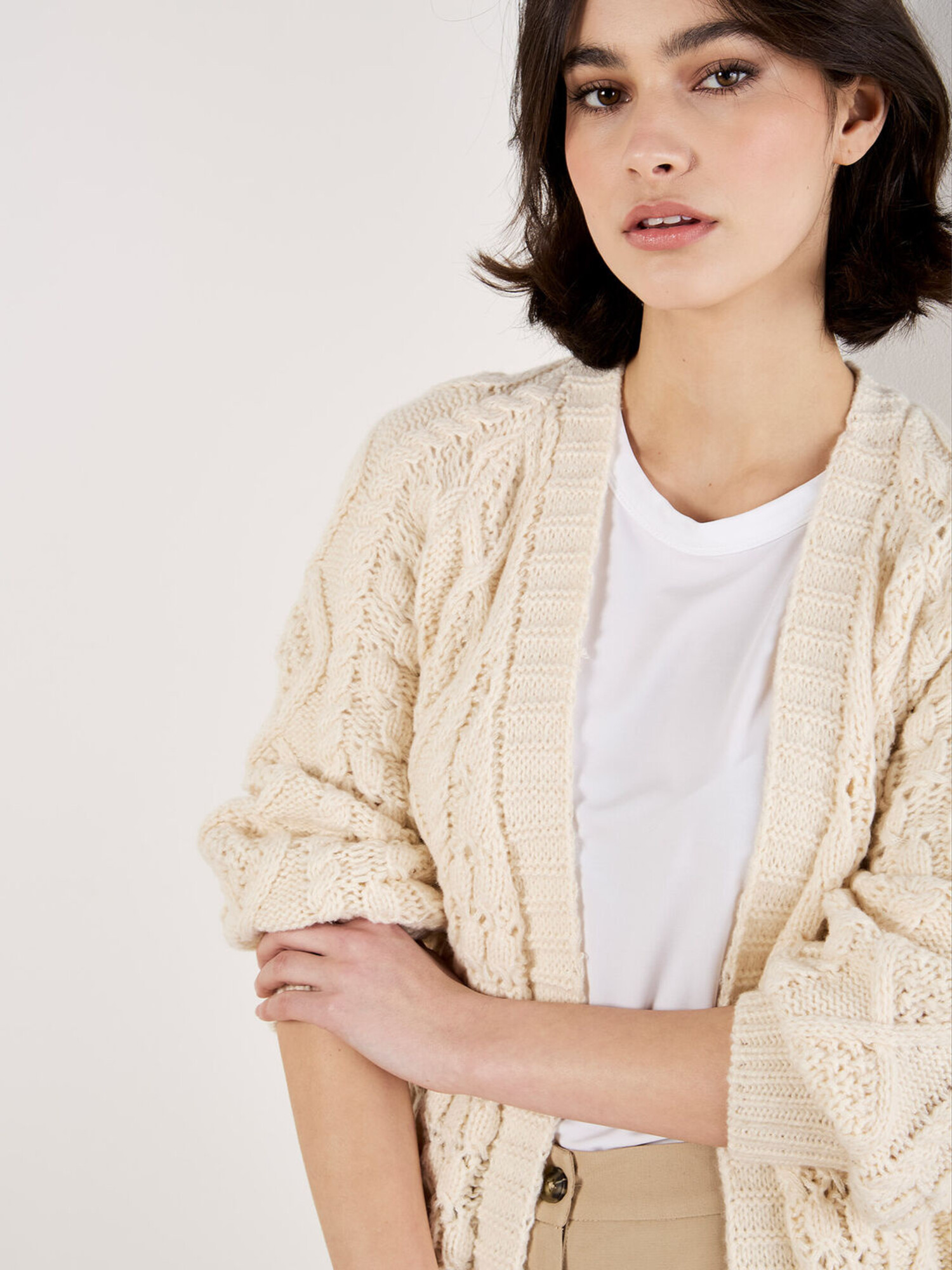 Apricot - Cable Knit Open Cardigan - Quintessential