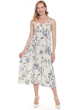 Sorella Sorella - V-Neck Linen Floral Dress Midi