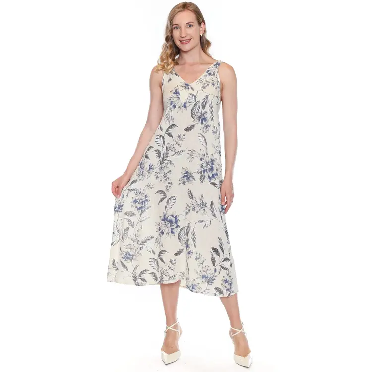 Sorella Sorella - V-Neck Linen Floral Dress Midi