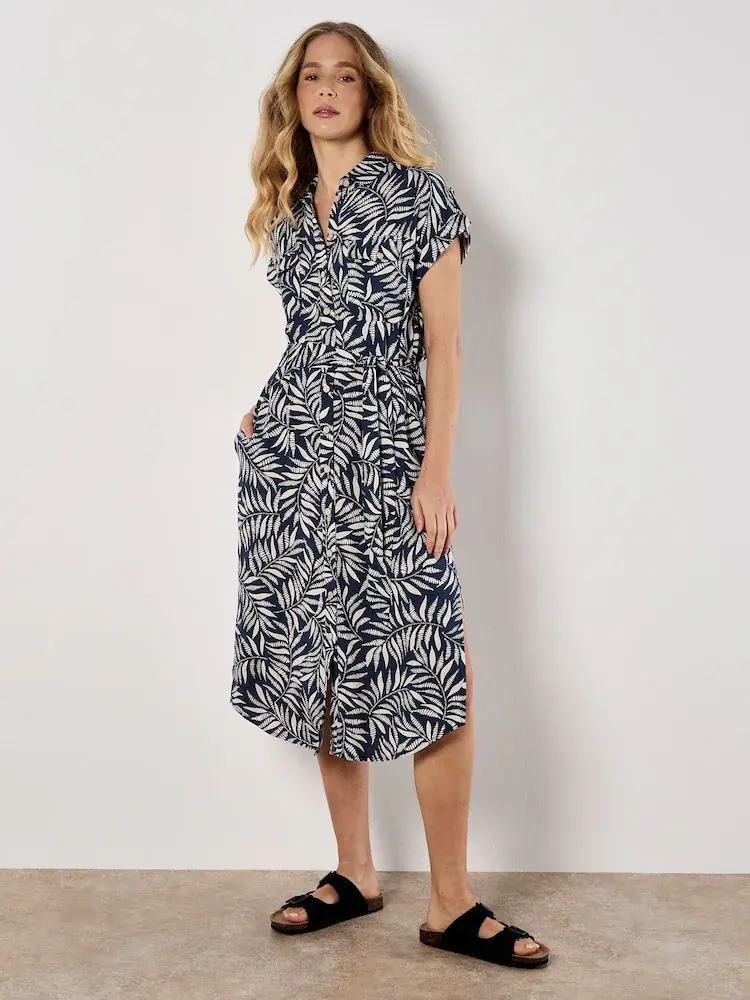 Apricot Apricot - Flowing Leaves Belted Shirt Dress