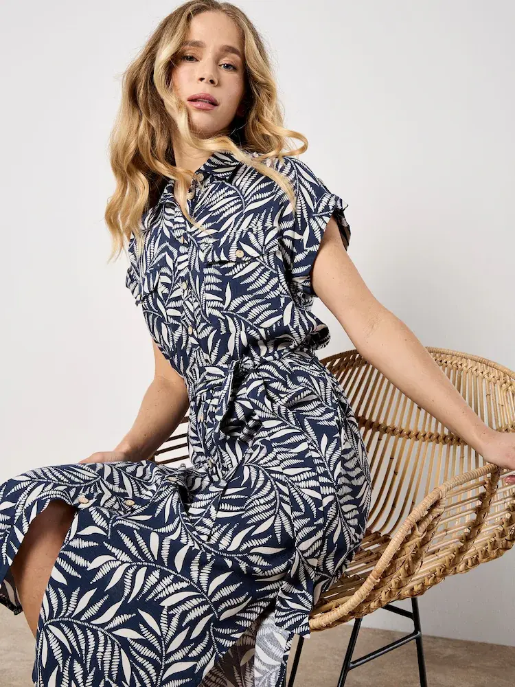 Apricot Apricot - Flowing Leaves Belted Shirt Dress