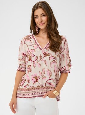 Cream Cream - TIAH 3/4 Slv  Boho V-Neck Top