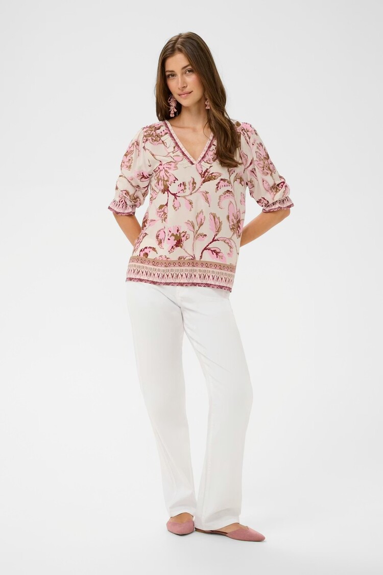 Cream Cream - TIAH 3/4 Slv  Boho V-Neck Top