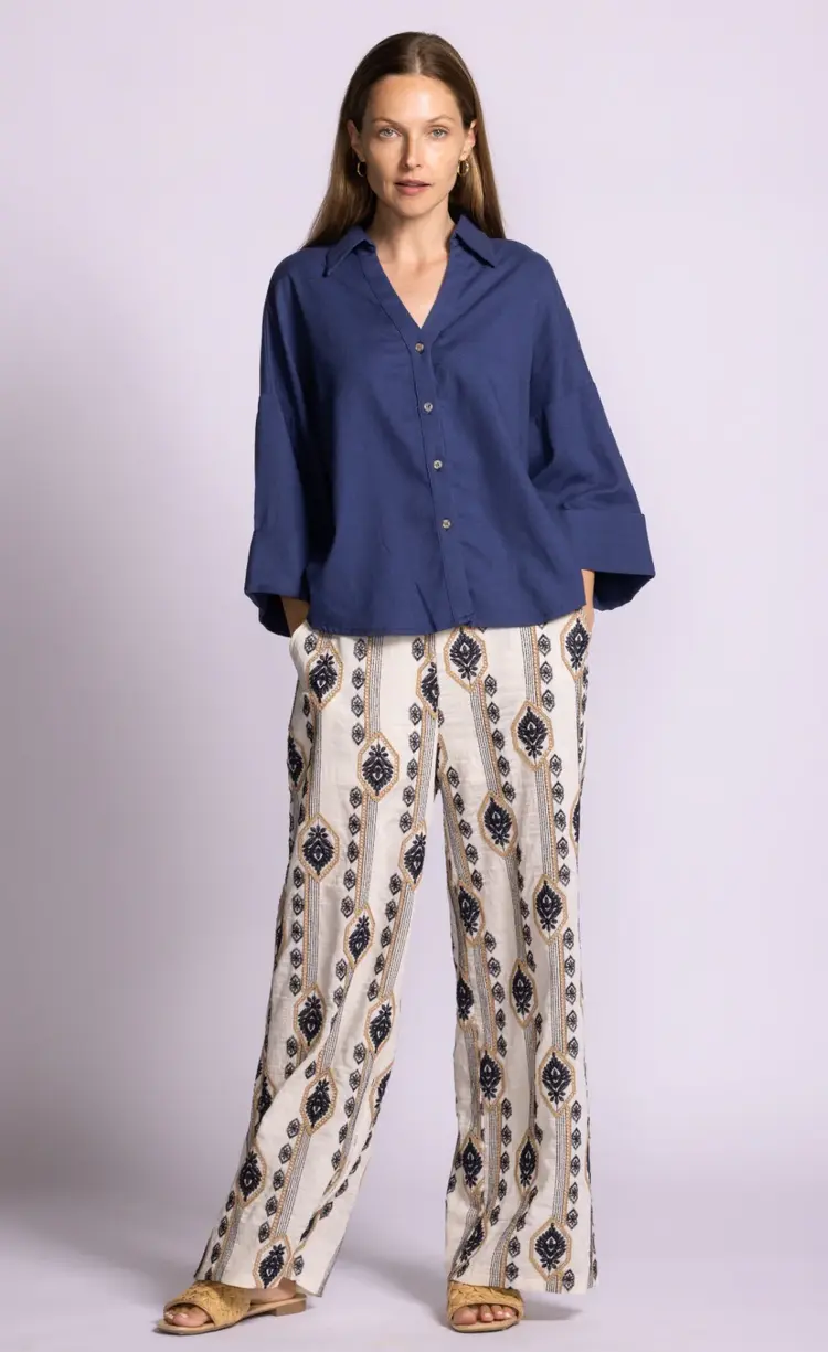 Pink Martini Pink Martini - SANCOLA Wide Leg Embroidered Linen-Blend Pant