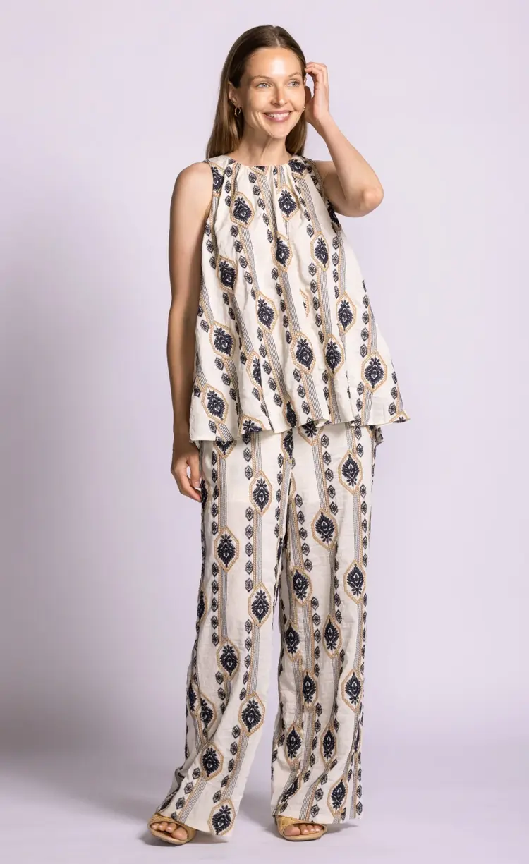 Pink Martini Pink Martini - SANCOLA Wide Leg Embroidered Linen-Blend Pant