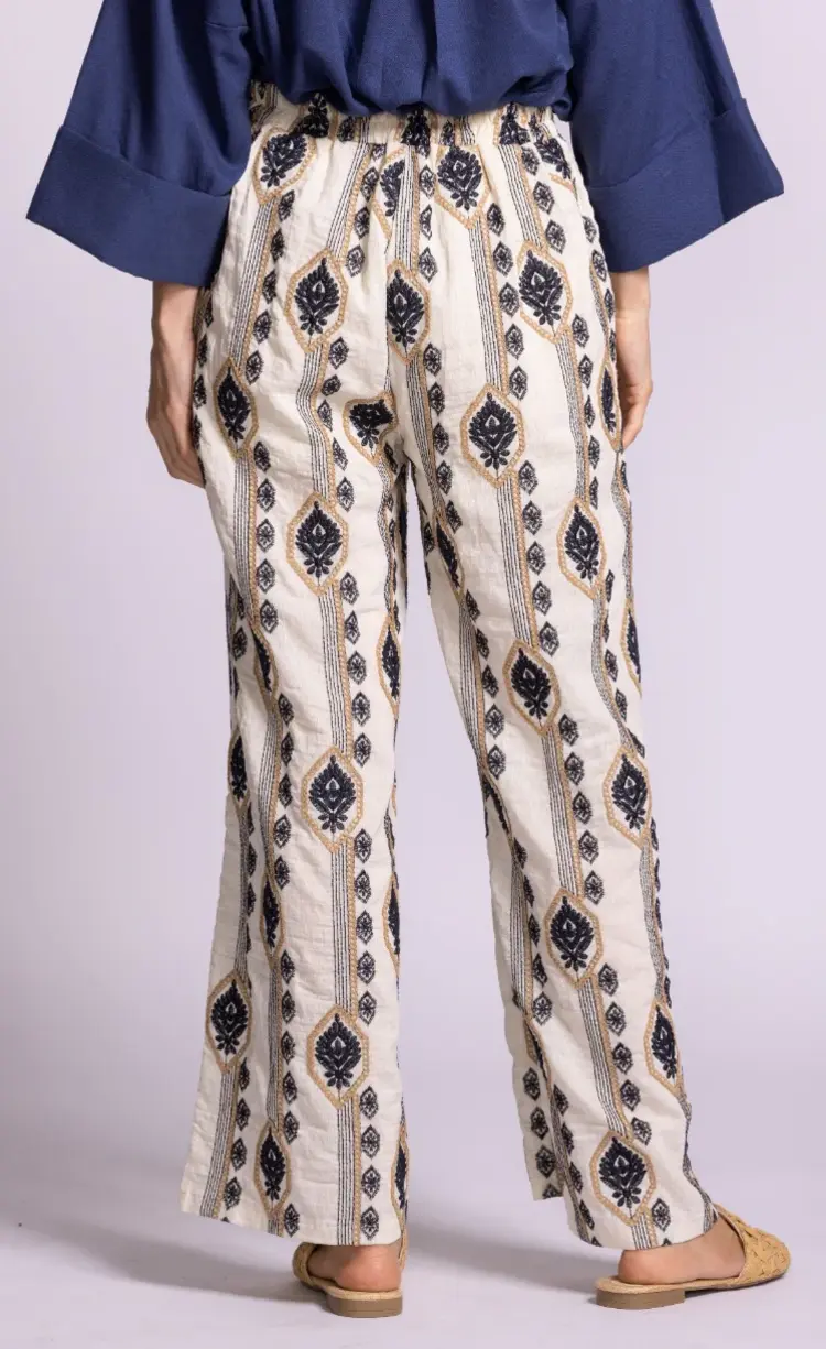 Pink Martini Pink Martini - SANCOLA Wide Leg Embroidered Linen-Blend Pant