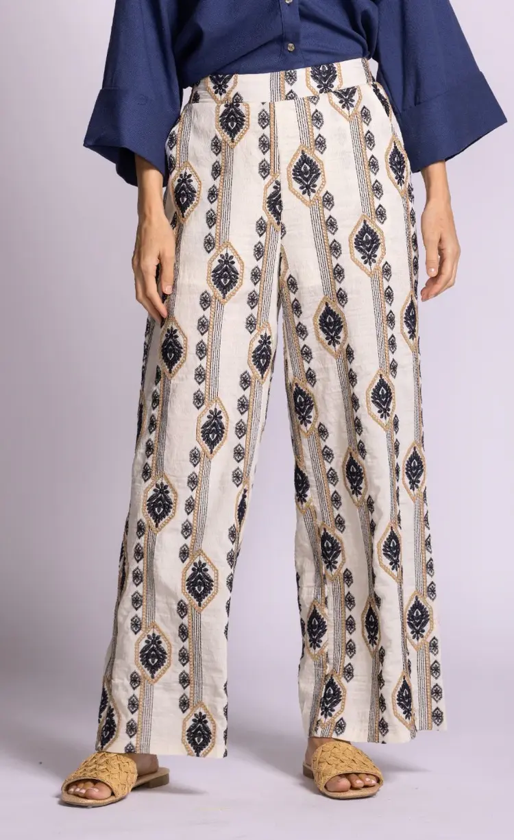 Pink Martini Pink Martini - SANCOLA Wide Leg Embroidered Linen-Blend Pant