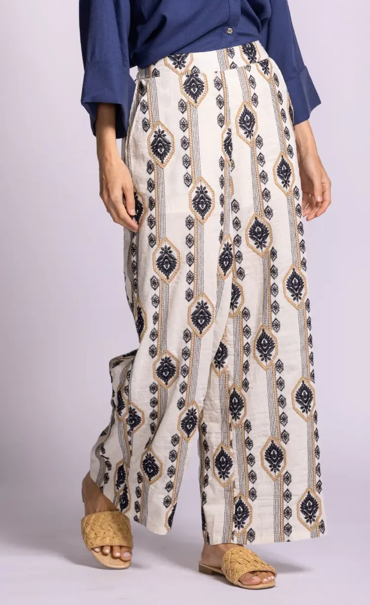 Pink Martini Pink Martini - SANCOLA Wide Leg Embroidered Linen-Blend Pant