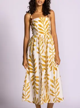 Pink Martini Pink Martini - MAGNOLIA  Leaf Print with Wooden Beads on Straps Dress