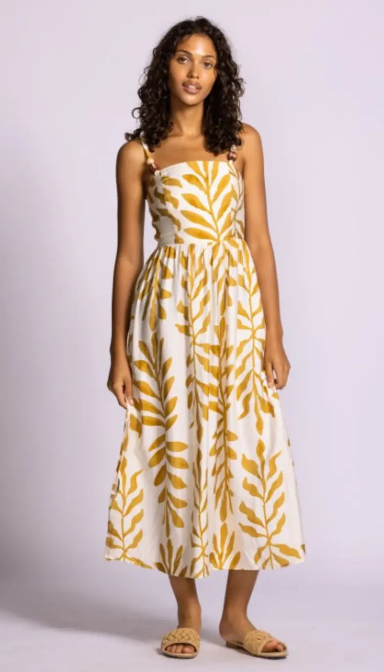 Pink Martini Pink Martini - MAGNOLIA  Leaf Print with Wooden Beads on Straps Dress