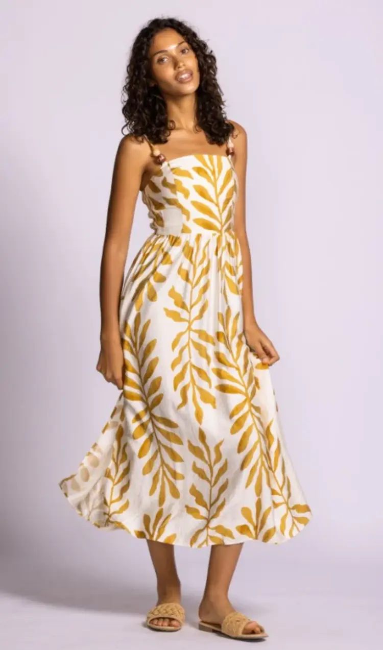 Pink Martini Pink Martini - MAGNOLIA  Leaf Print with Wooden Beads on Straps Dress