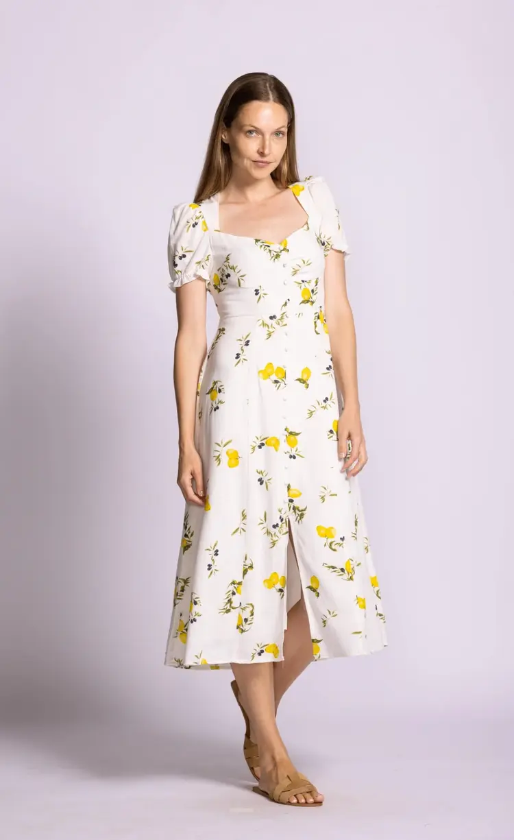 Pink Martini Pink Martini - SORRENTO SS Lemon Print Decorative Front Buttons Dress