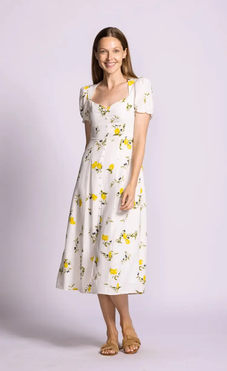 Pink Martini Pink Martini - SORRENTO SS Lemon Print Decorative Front Buttons Dress