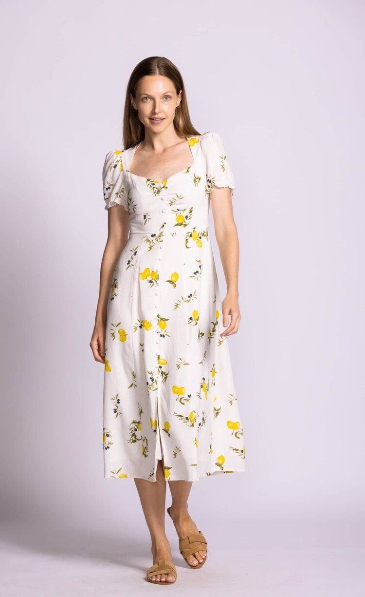Pink Martini Pink Martini - SORRENTO SS Lemon Print Decorative Front Buttons Dress