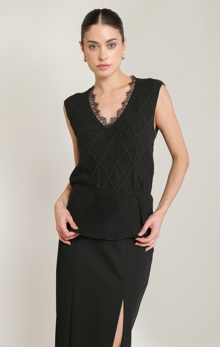 Black Tape Black Tape – Lace Neckline Shimmer Sweater Top
