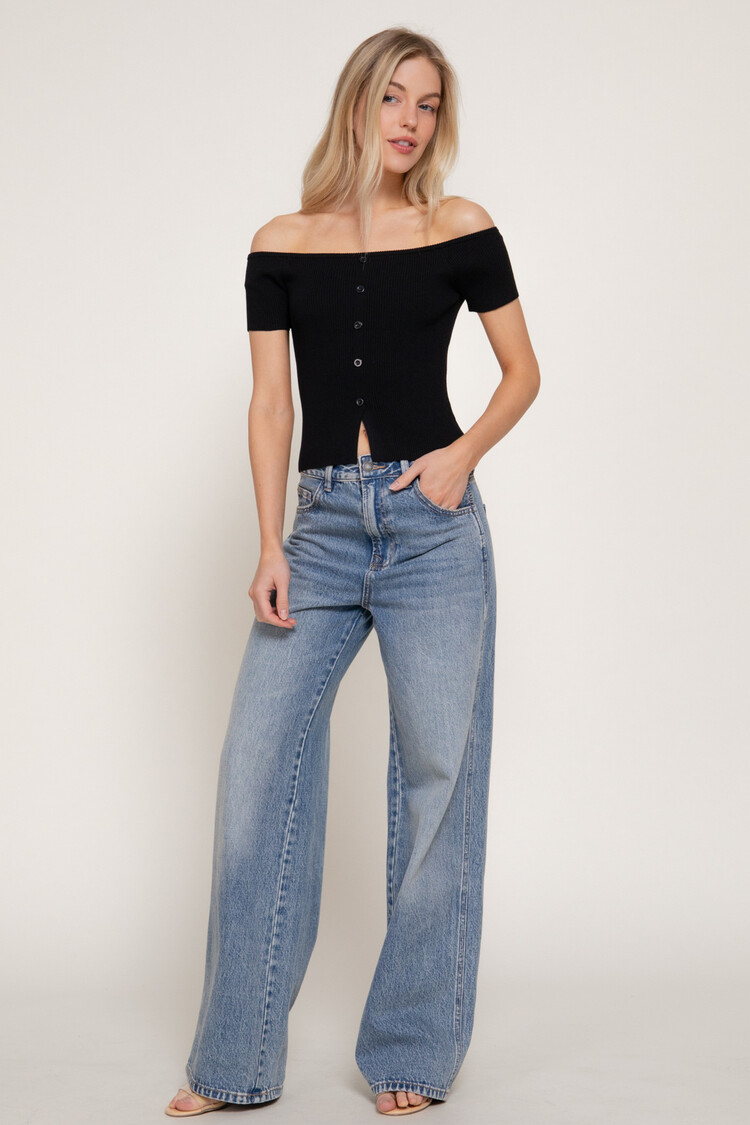 Active USA Active Basic - Button Front Off Shoulder Top