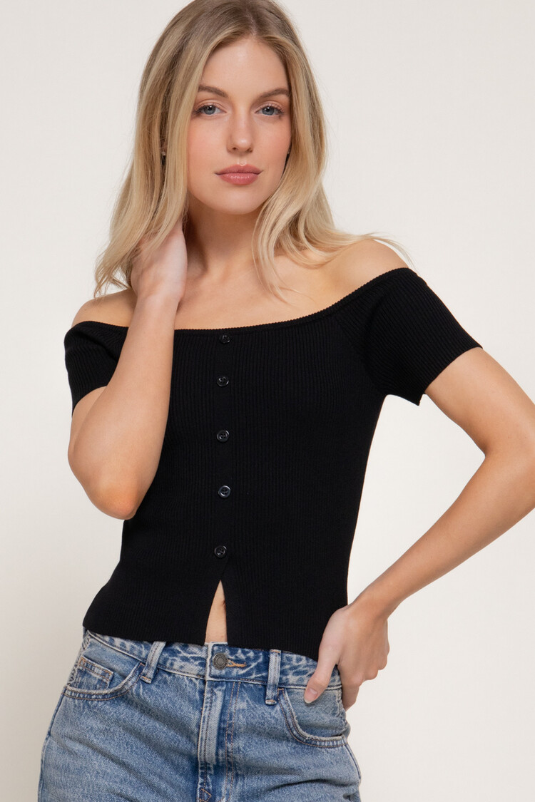 Active USA Active Basic - Button Front Off Shoulder Top