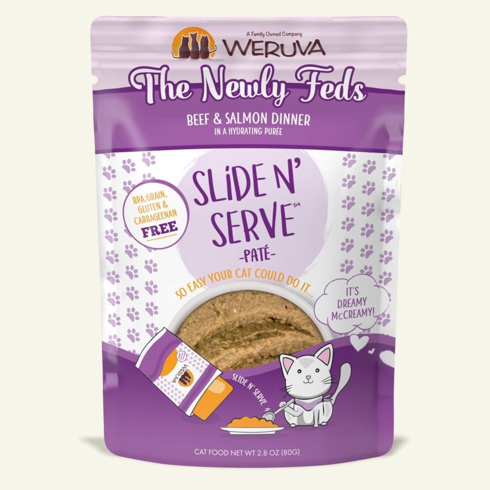 Weruva Weruva Wet Cat Food Slide & Serve Pate The Newly Feds Beef & Salmon Dinner in a Hydrating Puree 2.8oz Pouch