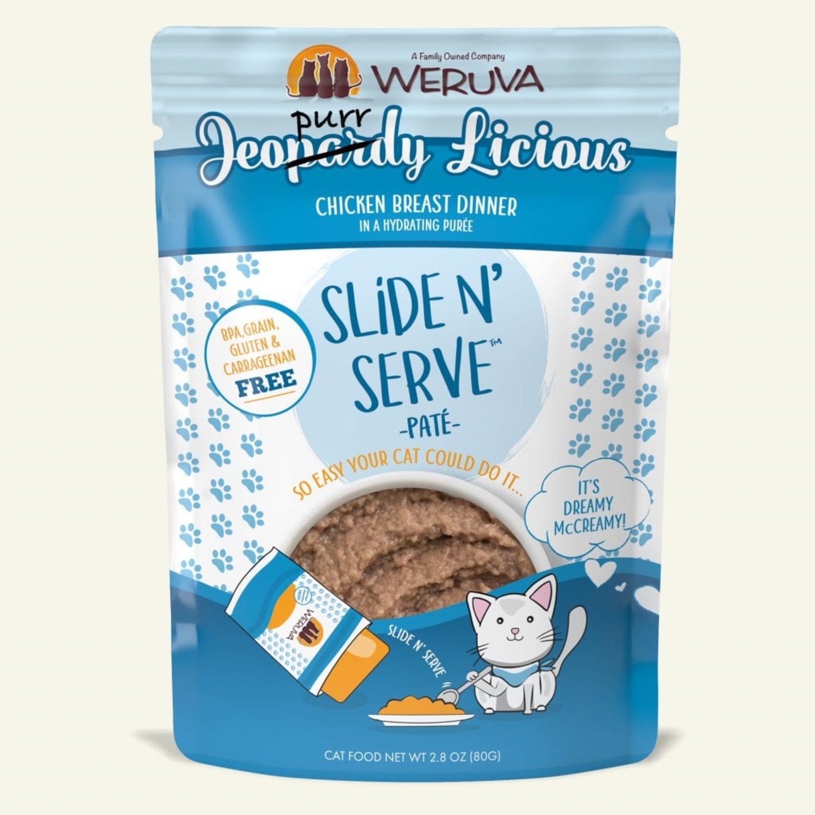 Weruva Weruva Wet Cat Food Slide & Serve Pate Slice is Right Jeopurrdy Licious Chicken Breast Dinner in a Hydrating Puree 2.8oz Pouch