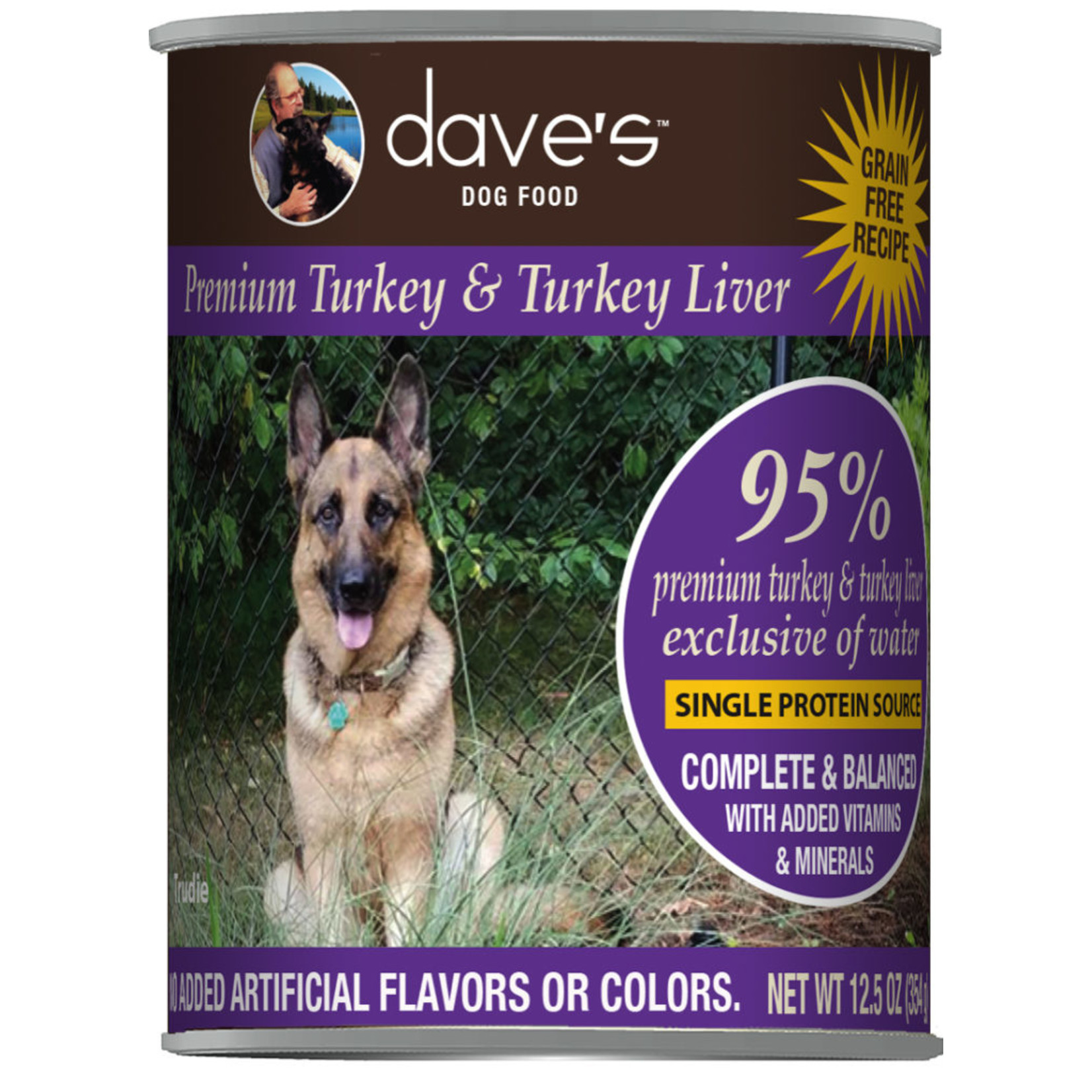Daves Pet Food Dave's Wet Dog Food 95% Premium Turkey & Turkey Liver 12.5oz Can Grain Free