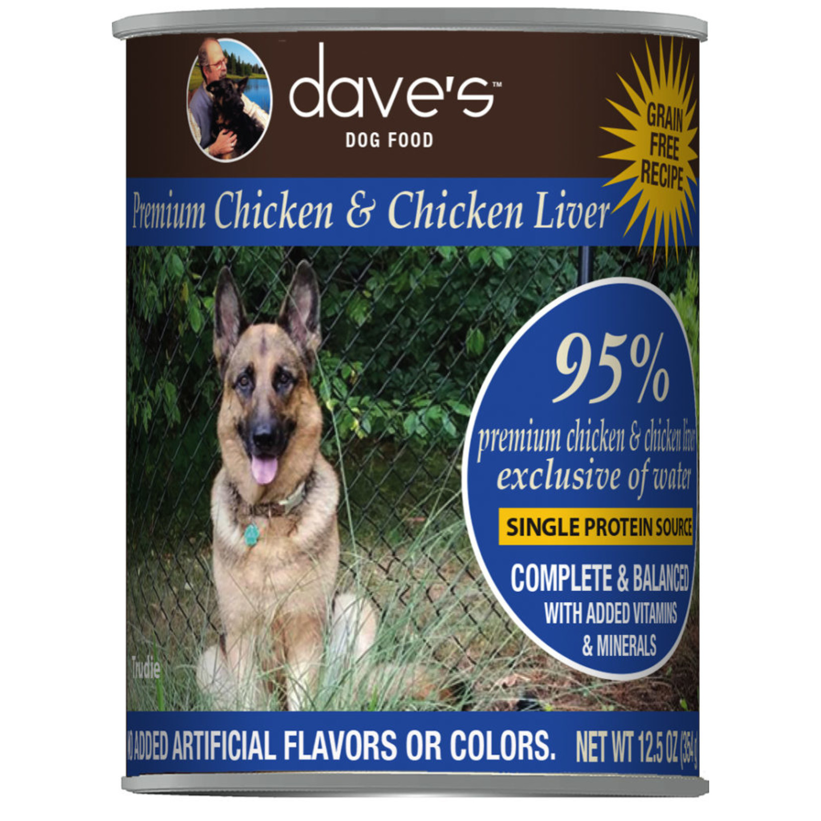Daves Pet Food Dave's Wet Dog Food 95% Premium Chicken & Chicken Liver 12.5oz Can Grain Free