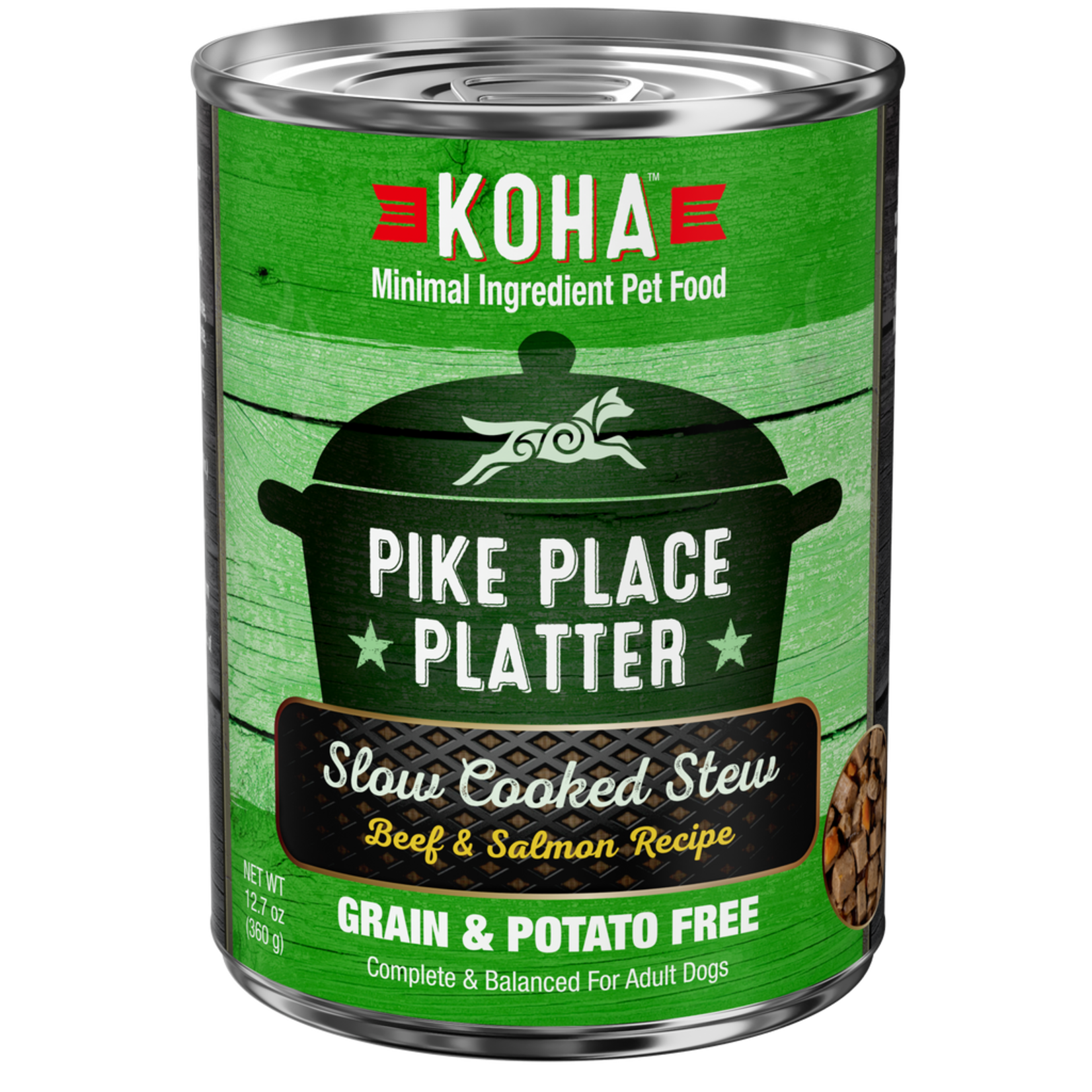 Koha Koha Dog Can Pike Place Platter Slow Cooked Stew Beef and Salmon Recipe 12.7oz Grain Free