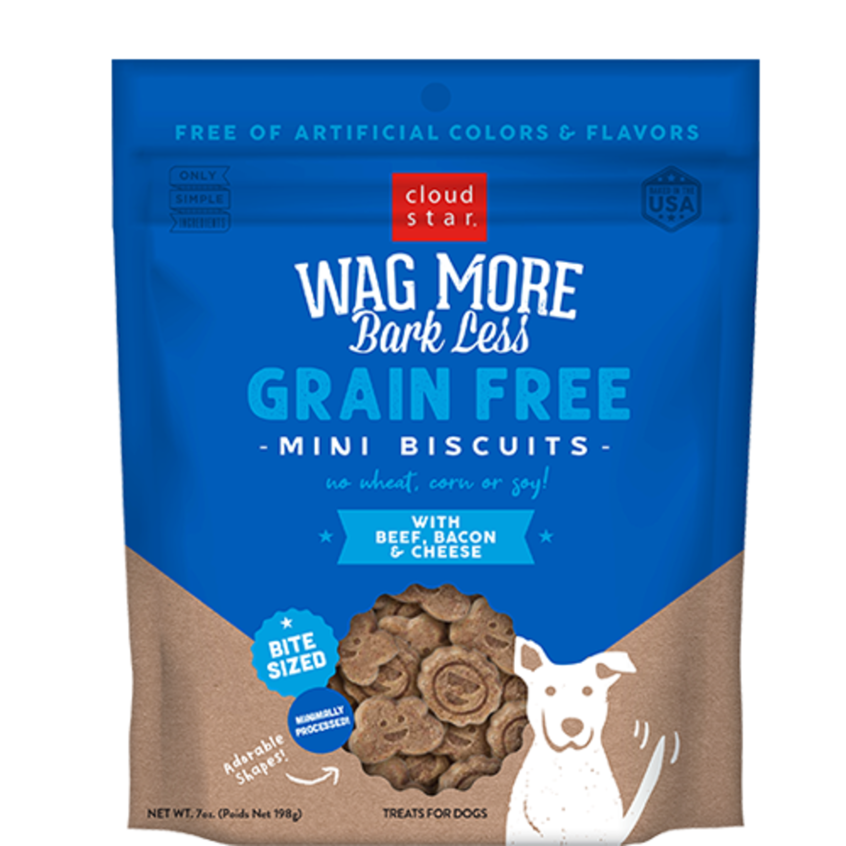Cloud Star Wag More Bark Less Grain Free Mini Biscuits with Beef, Bacon, and Cheese 7oz Dog Treats